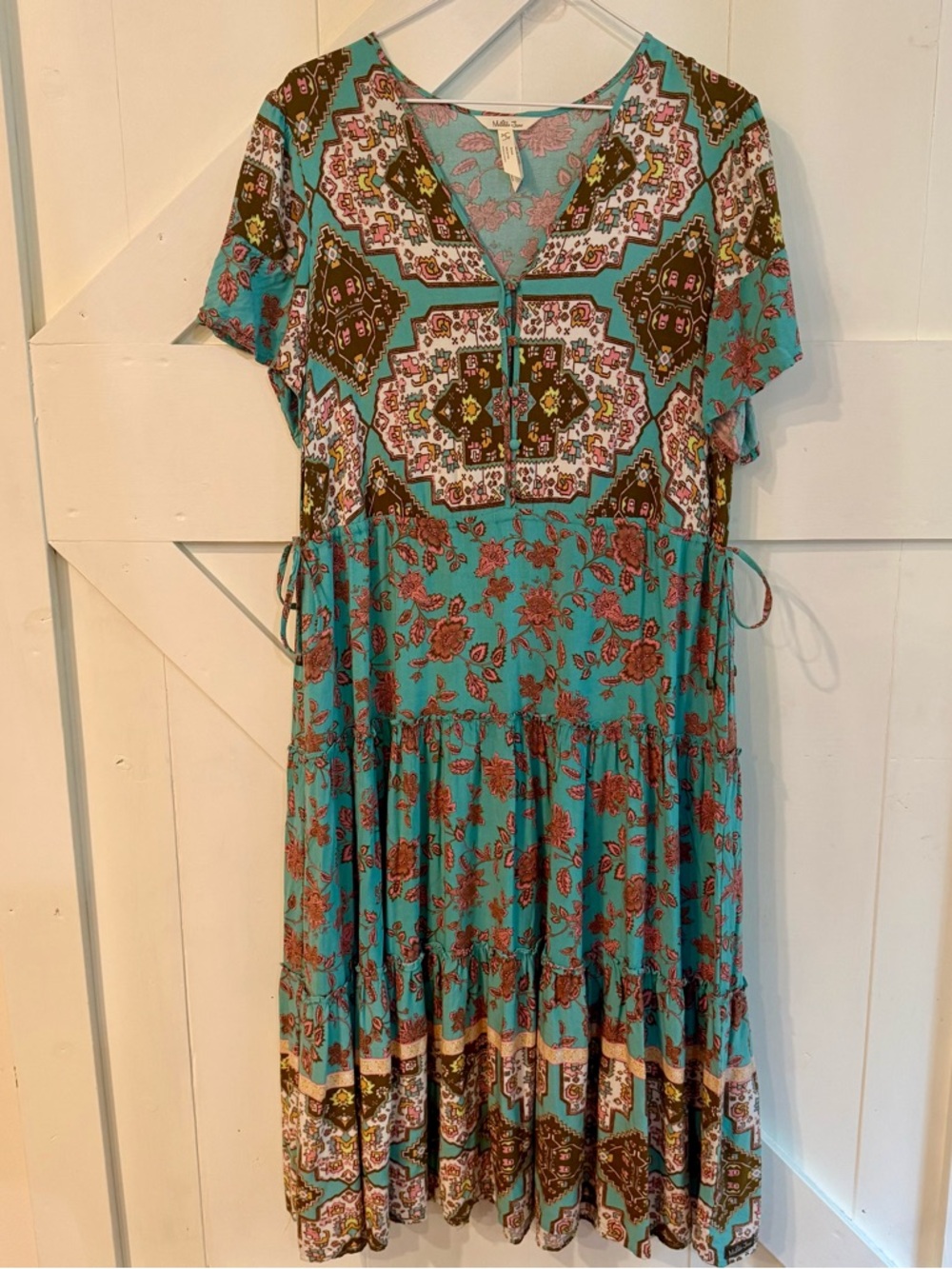 Matilda Jane Women’s Boho Patchwork Floral Midi Dress Turquoise Short Sleeve‎ M